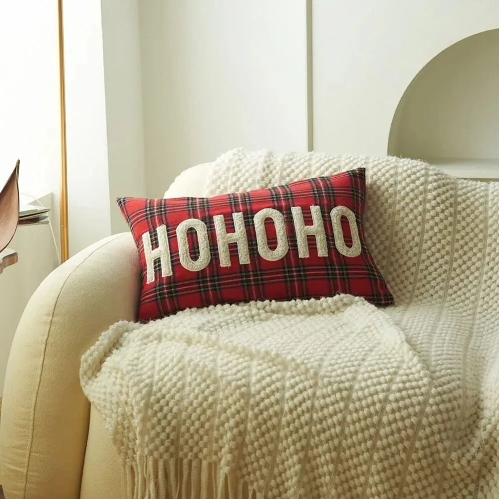 New Christmas Plaid Print Letter Embroidery Cushion Cover Decorative Throw Pillow Case for Sofa