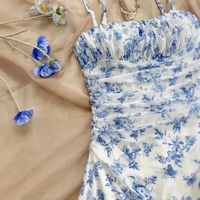 Verão feminino elegante floral mini vestido moda dobra cintura alta magro a linha vestidos senhora sexy sem costas cinta de espaguete vestido de verão