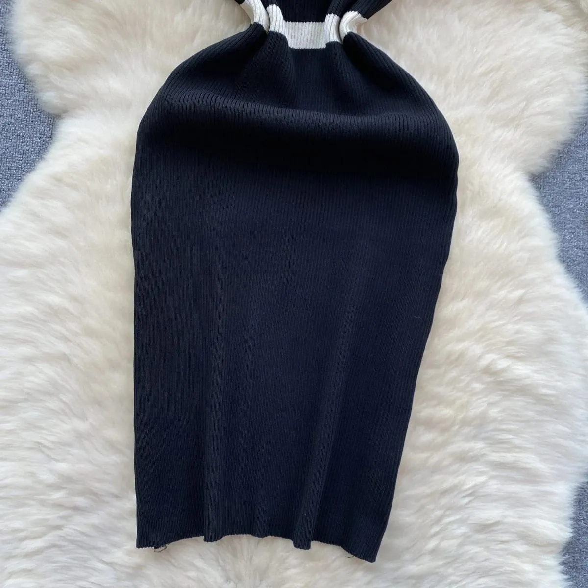 Elastic Fashion Trend Casual Knitting Wrap Dress Sleeveless Off Shoulder Contrast Hollow Out Summer Women Stripe Sexy Slim Dress
