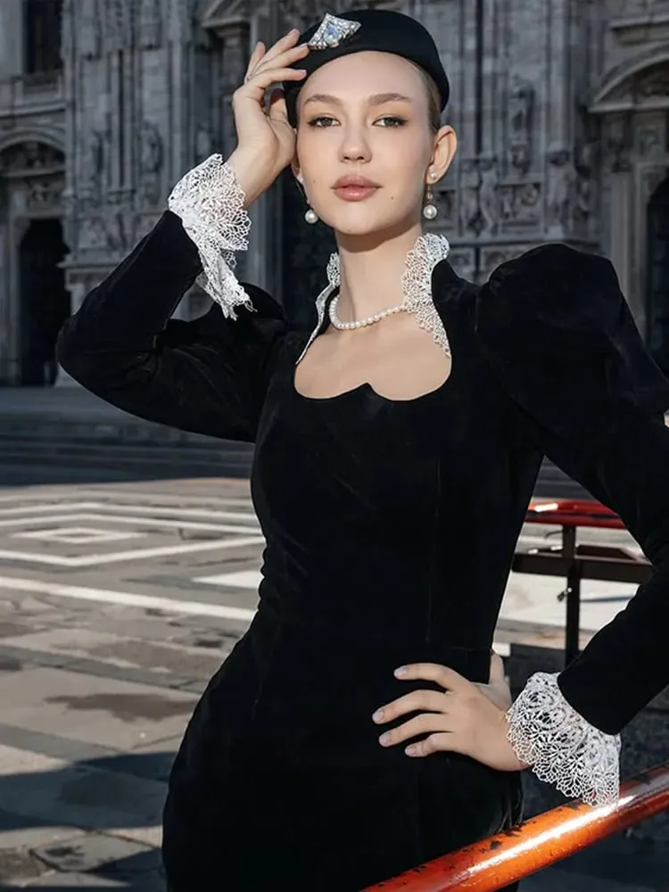 Full Sleeve Lace Patchwork Velvet Maxi Dress Women Elegant Stand Collar Puffed Slim Long Sexy Gowns Lady Evening Dinner Dresses
