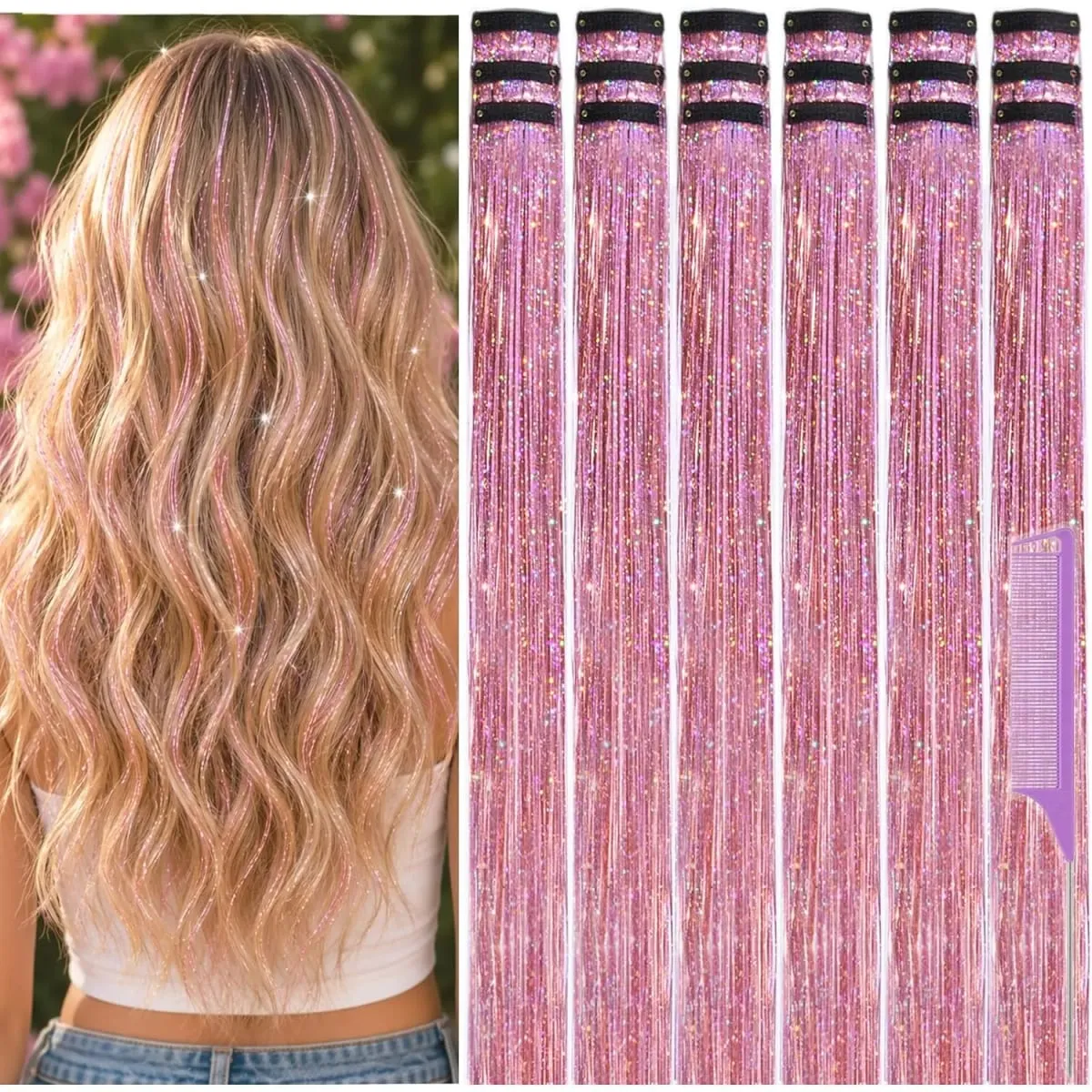 Balení 18 ks Nápadné doplňky do vlasů Rainbow Hair Tinsel Clip in Balíček 22palcových třpytivých pohádkových vlasů pro ženy, dívky