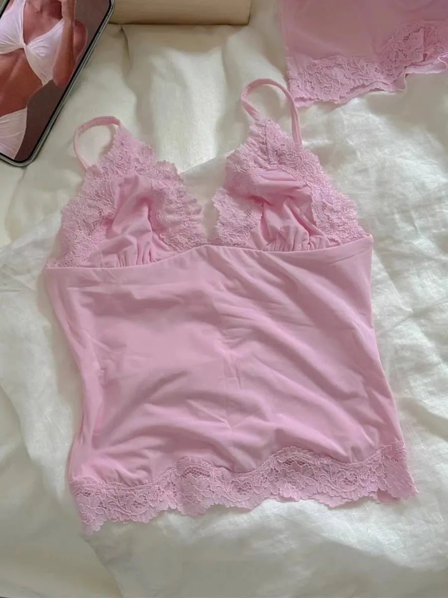 Pink Lace Trim Bra Sets Woman Sexy Triangular Cup Seamless Bras+Low Waist Boxer Briefs Solid Soft Comfort Underwear 2 Piece Set