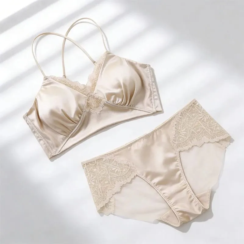 19MM Natural Mulberry Silk Satin Thin Bra Adjustable Cross Straps Beautiful Back Without Steel Ring Female Sexy Underwear Set