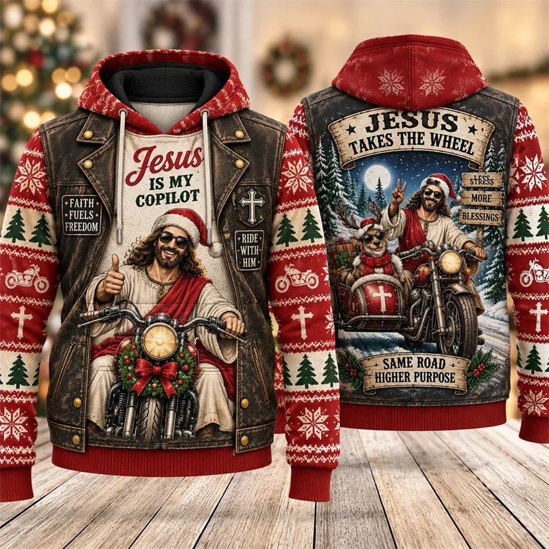 Funny Jesus Christmas Biker Hoodie 3D Graphic Motorcycle Rider Vintage Holiday Pullover Winter Streetwear Party Casual Gift