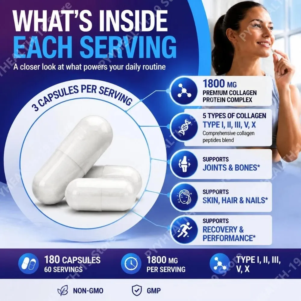 Collagen Peptides Capsules with 5 Types of Collagen for Joints Bones Skin Hair & Nails Wellness Support Adults 90 Capsules