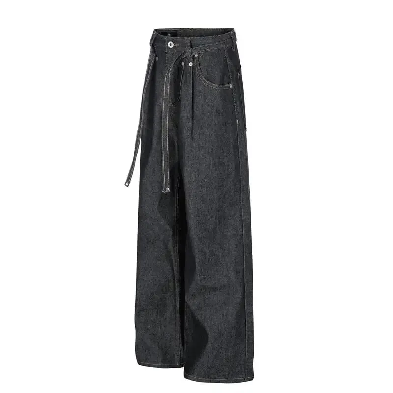 American-style Distressed Washed Jeans Visible Stitching Belt Unisex Loose-fitting Wide-leg Straight-leg Denim Pants 9X3768