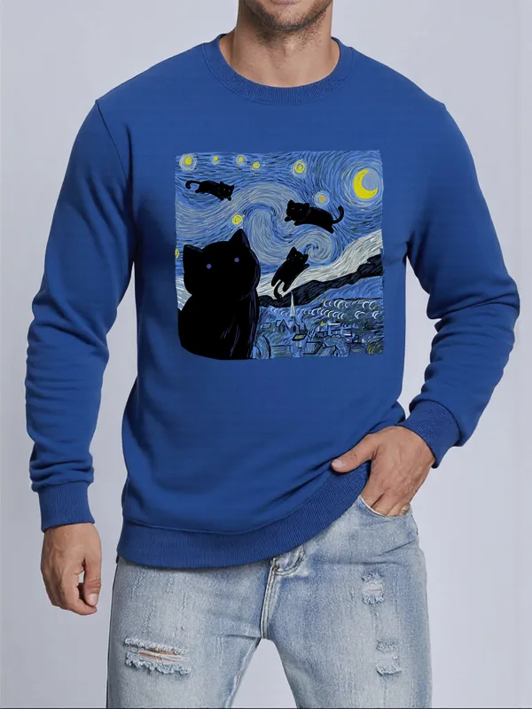 Van Gogh Starry Night Cat Printed Pullovers Unisex Thicken All-Match Sweatshirt Hip Hop Loose Hoodie Autumn Casual Sweatshirts