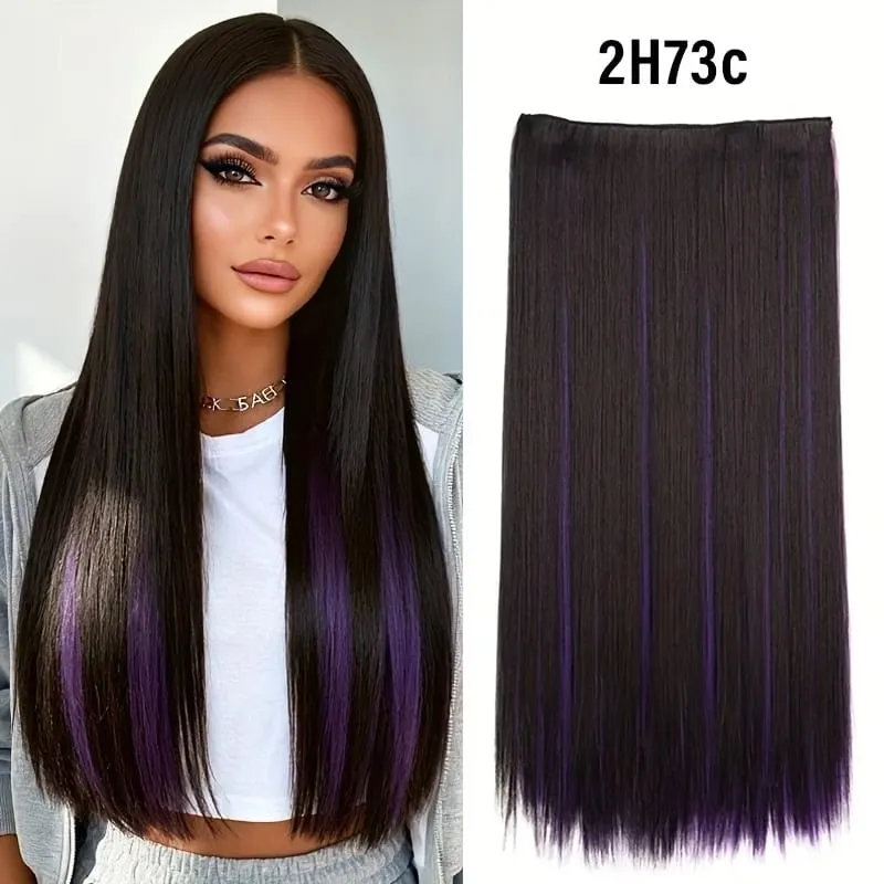 Synthetic 24Inch Long Straight 5 Clips Colorful Highlight Hair Extension Natural Soft Silky Hairpiece for Women Daily Use