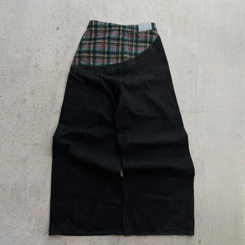 Y2k Harajuku Baggy Jeans Retro Plaid Patchwork Men And Women Wide Leg Pants American Hip Hop Streetwear Casual Jeans