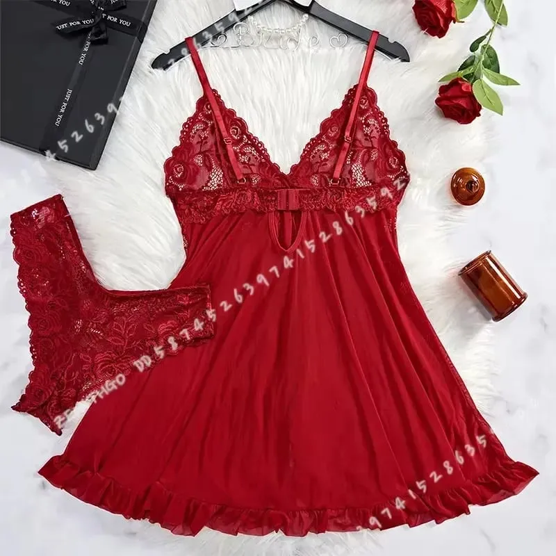 2 Pcs Women Lace Nightgown Set Deep V Neck Bra Panties Transparent Solid Slim Soft Split Nightdress Lingerie