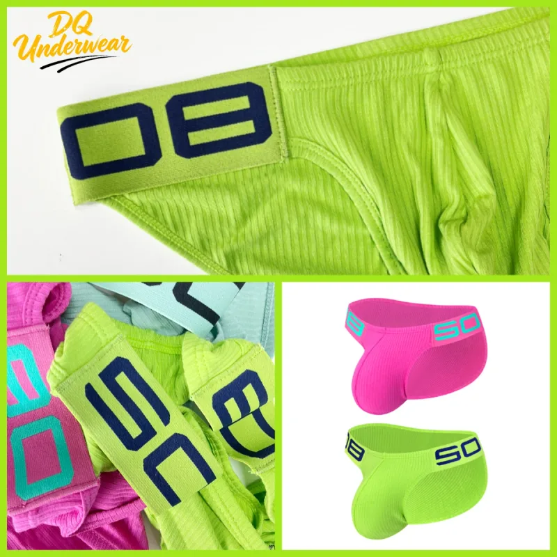 2PCS Ribbed Texture Male Triangle Underwear Letter Elastic Waist U Convex Pouch Briefs BS813