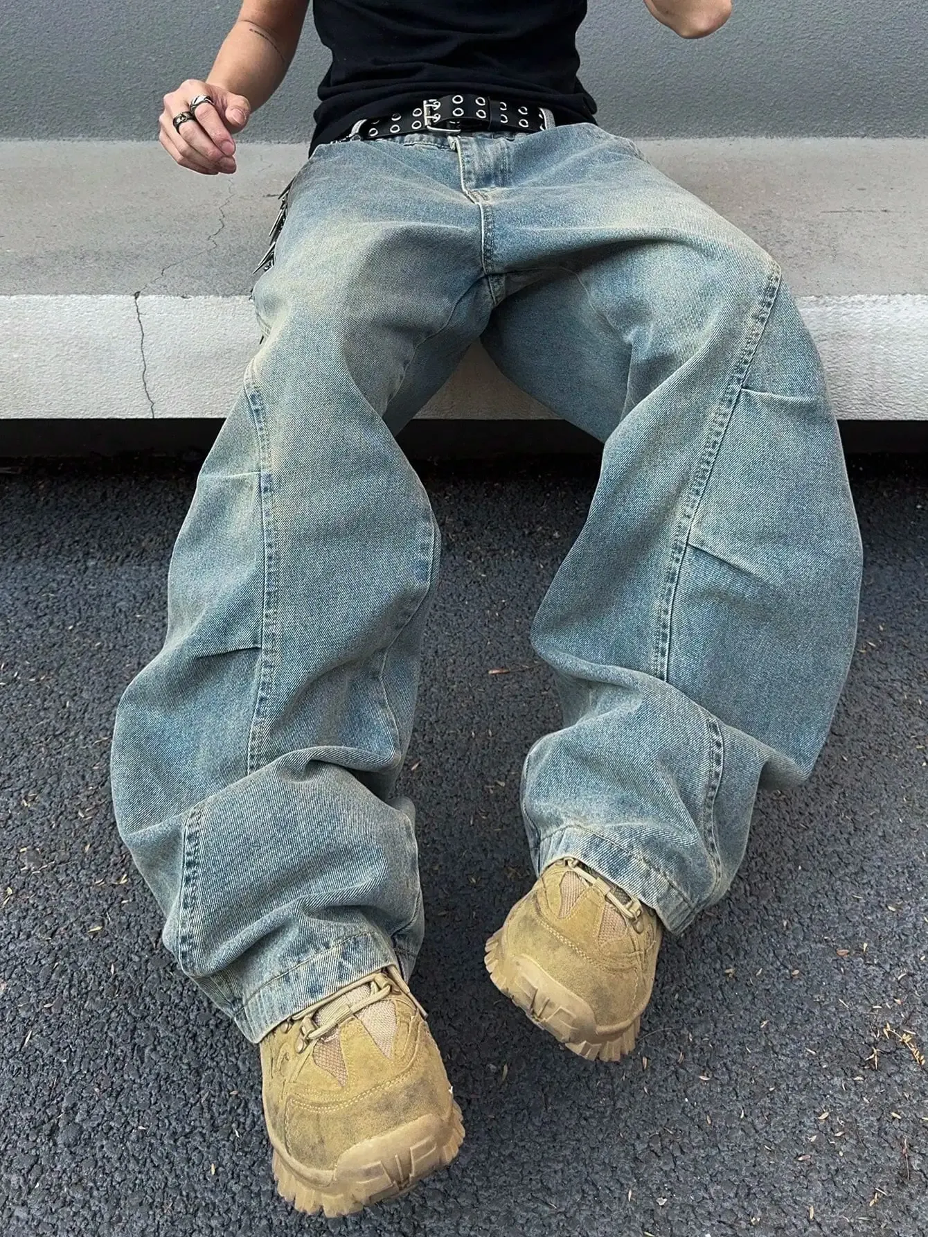 Vintage Men Washed Baggy Denim Jeans Stitched Panel Wide Leg Denim Pants Oversized Loose Hip Hop Streetwear Y2K Casual Trousers