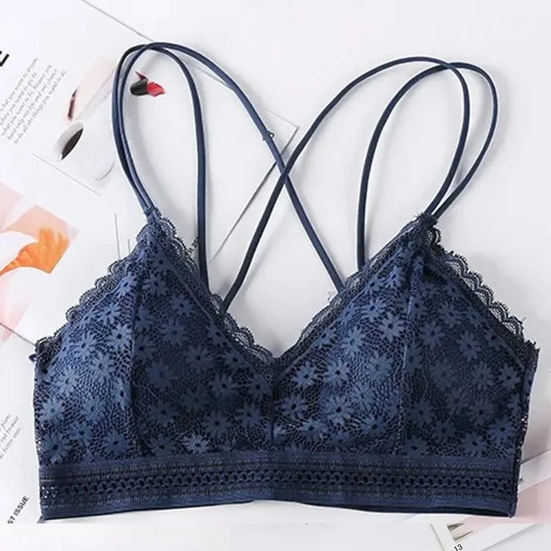 Women's Lace Lingerie Set Cross Shoulder Strap Without Steel Ring Bra Comfortable Support Underwear With Gathering Design
