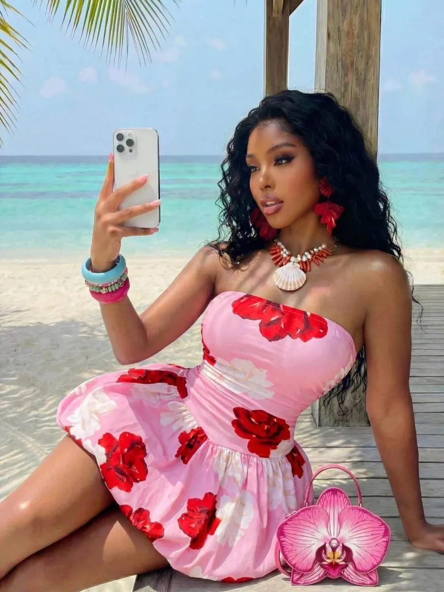 Women Strapless Floral Print Mini Dress Ruched Waist Flared Skirt Bodycon Dress For Beach Holiday Party Occasion