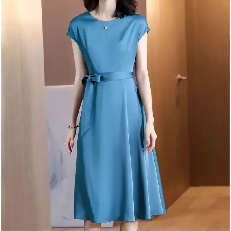 Casual Loose plus Size Solid Color Dress Women's Summer New Style Cool Mom Clothes Long Midi Dress Slimming Effect