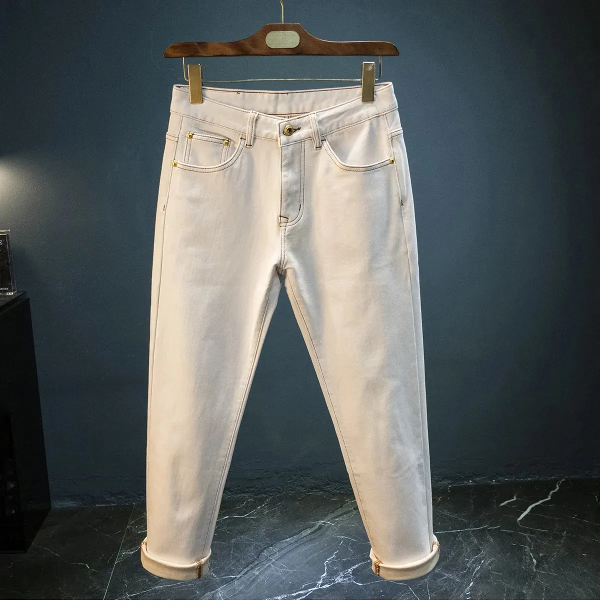 Winter fleece men's jeans 2025 new trend simple solid color casual thick warm little leg pants