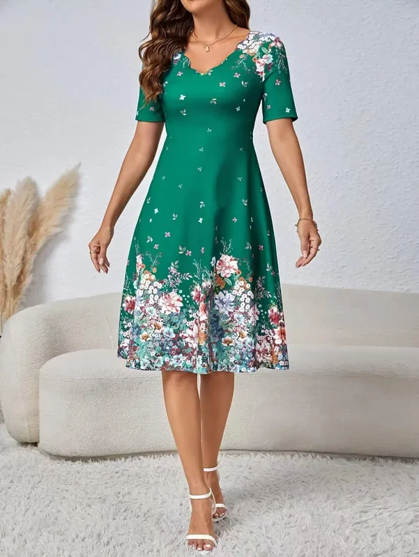 Women Scalloped V Neck Short Sleeve Midi Dress Elegant Floral Print High Waist A Line Casual Sundress Ladies Summer Party Robe