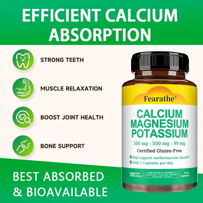 Calcium Magnesium Potassium Supplement - 500mg/500mg/99mg Per 2 Tablets - Supports Cardiovascular Health - Certified Gluten-Free