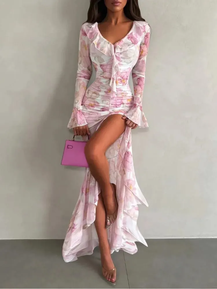 Women Chic Pink Floral Print Maxi Vestido Elegant V Neck Ruffle Trim Flare Sleeve Ruched High Chiffon Dress 2026 Party Outfit