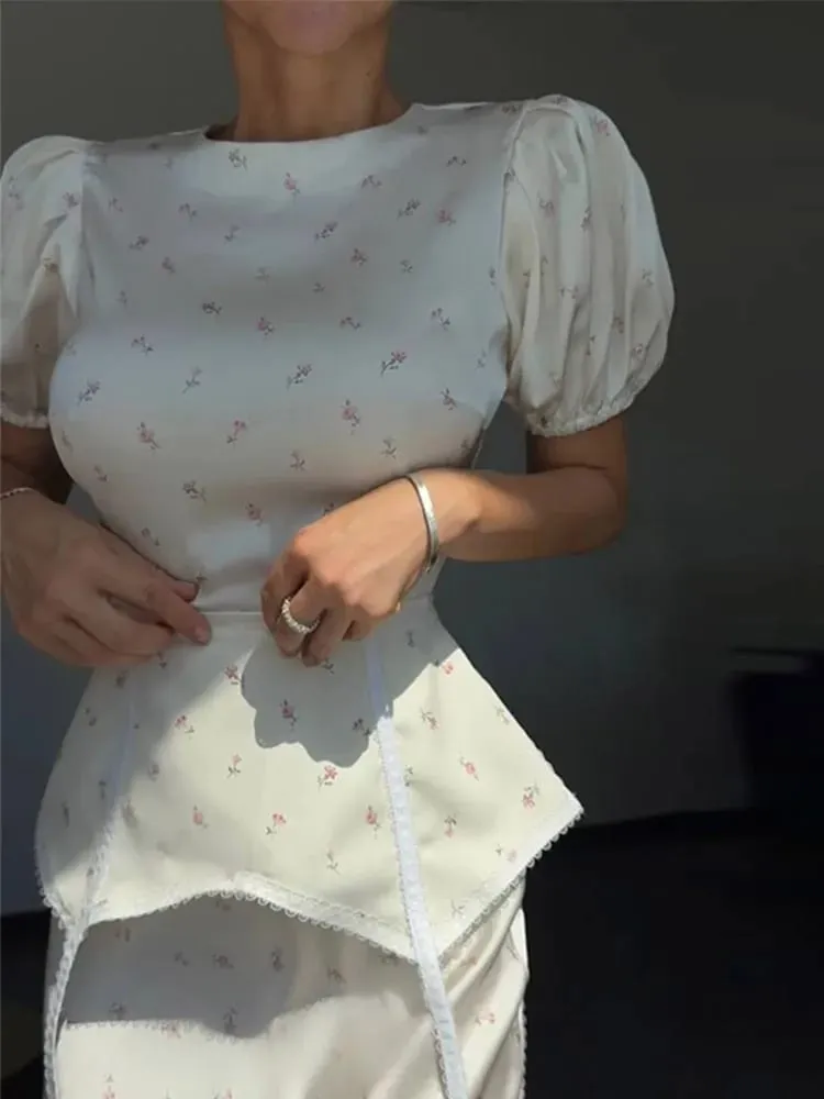 Women's White Floral Print Puff Sleeve Dress With Waistband Fashion Satin Ruffled Hem Maxi Dresses Lady 2026 Elegant Party Robe