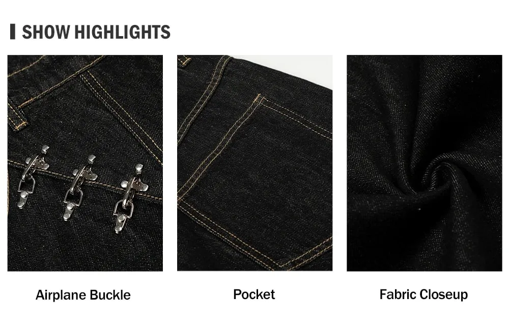 Airplane Buckle Jeans Mens High Street Wide Leg Baggy Denim Pants Man