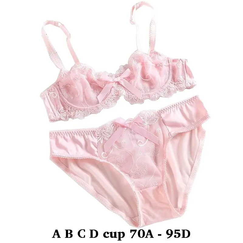 high quality sexy women bras and brief two piece set push up A B C D cup wire summer lingerie underwear pink purple white