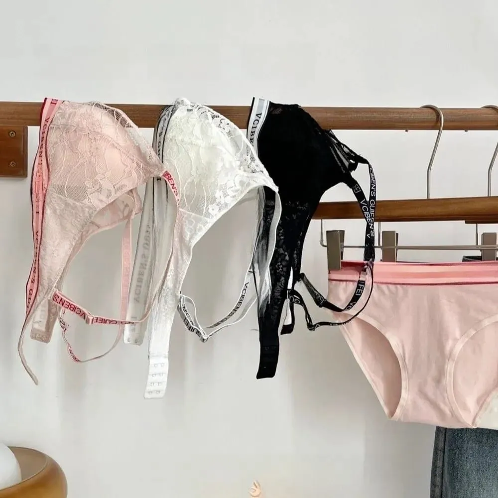 Comfortable Letter Design Lingerie Set Deep V Lace Women Underwear Suit Color Blocking Wireless Bra Panties Set Daily