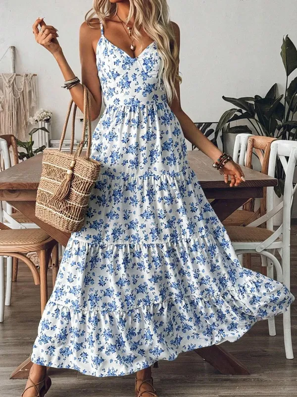 Women's V-neck Floral Print Camisole Dress—a sexy Backless Flowy Long Party Dress Featuring a Bow Detail. — image 8