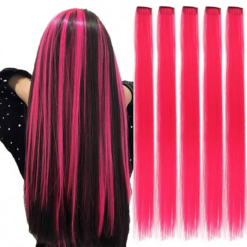 5 Pieces of Colorful Hair Clips 24 Inch Long Straight Fake Hair Clips Combined for Christmas Fashion Wig Pieces