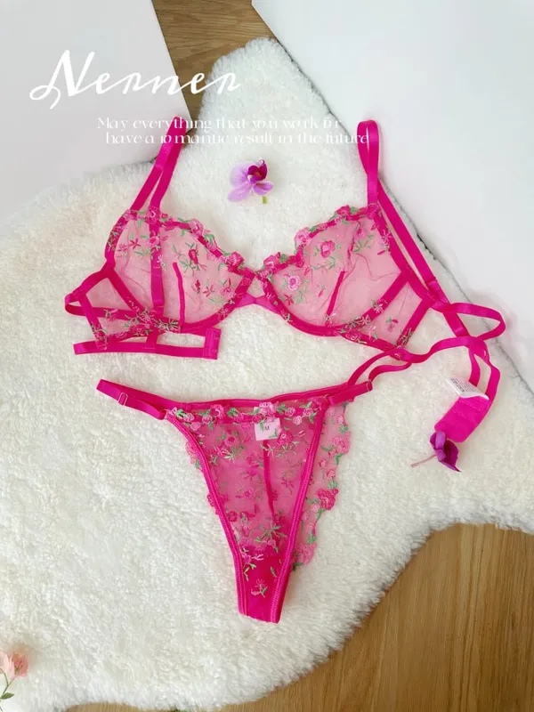 Kawaii Japanese Lingerie Set Sheer Tulle Pink Floral Embroidery Bra Bralette sek-si Pure Matching Set BANERDANNI Tushy Bras