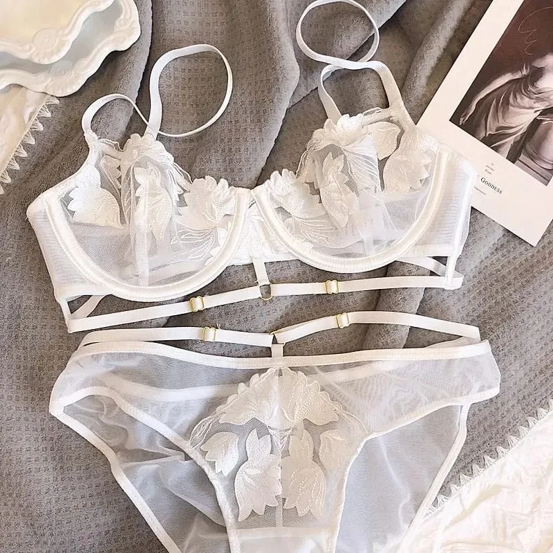 Sexy Lace Women Bra Push Up Underwear Brassiere and Panties Set Female Comfortable Lightweight Bow Semi Transparent Lingerie