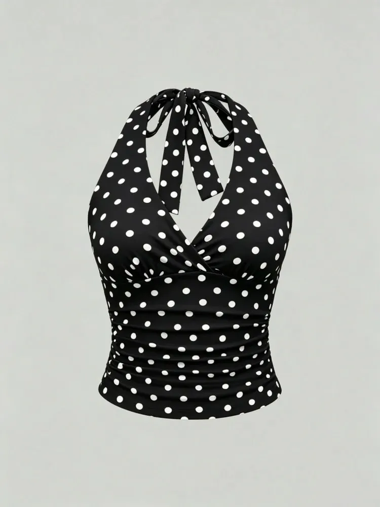 Solid V-hals Rygløs Halter Crop Top til Kvinder Sommer Sexet Y2K ærmeløs Ruched Top Streetwear