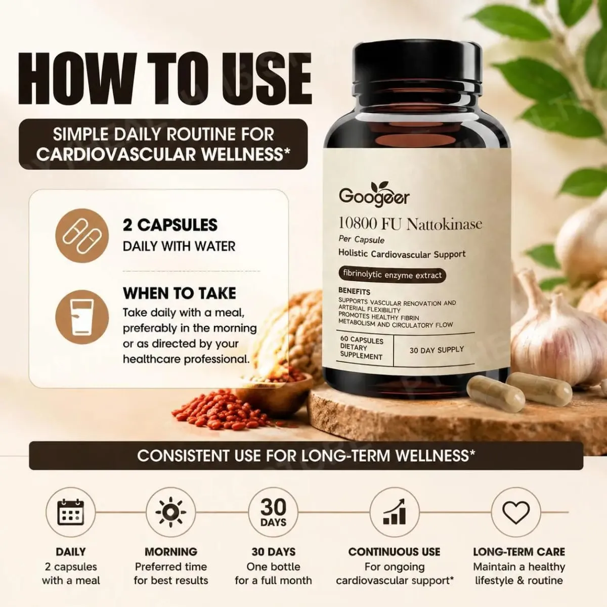 Googeer Advanced Enzyme CoQ10 Formula Kapseln, sauber, vegan, gentechnikfrei, tägliches Wellness-Unterstützungsergänzungsmittel, 60 Kapseln, einfache Anwendung