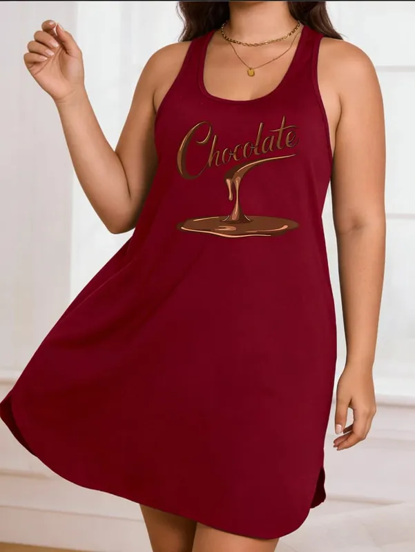 Large-Size Lady's 'Chocolate' Print Round-Neck Pullover Dress With a Close-Fitting and Comfortable Design Suitable for Casual