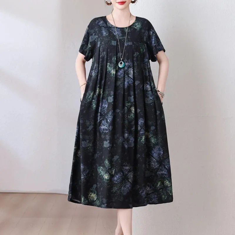 Yeni Moda Rahat 2026 Yaz Elbiseler Kadınlar Için Vintage Kısa Kollu O-Boyun Baskı Gevşek Çiçek Elbise Kadın Giysileri