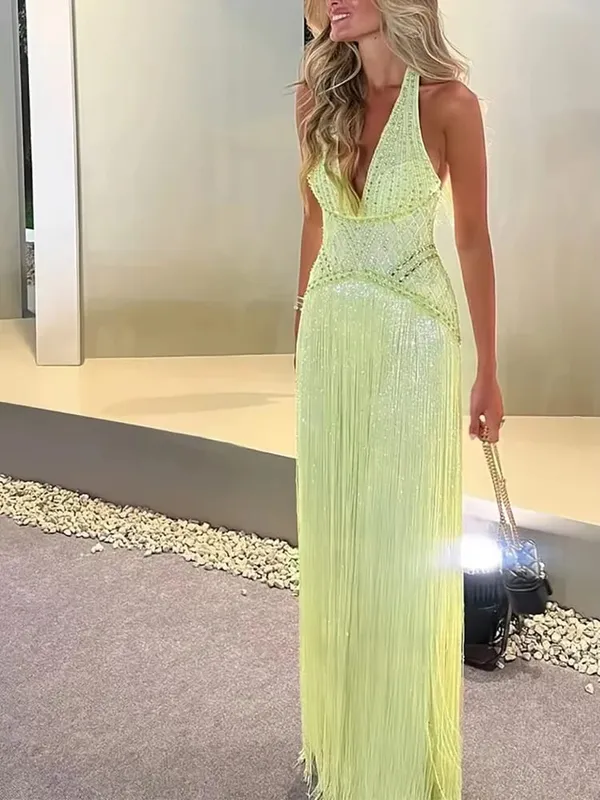 Sexy Off Shoulder Sleeveless Suspender Dress Women's Elegant High Waist Slim Tassel Long Dress Fashion Draped Solid Long Dress