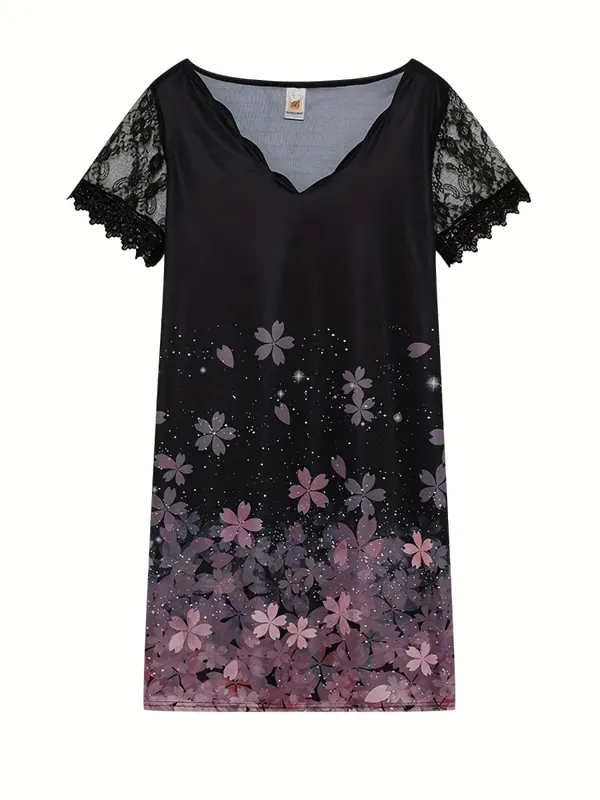 2026 New Women's New Positioning Printing Wave V-neck Lace Short-sleeved Dress