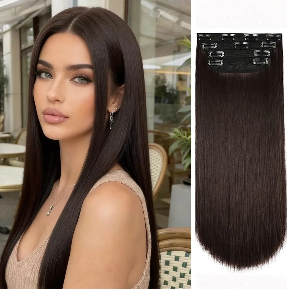 Copper Red Long Wavy Clip in Hair Extensions 20 Inch 4Pcs Double Weft Synthetic Hairpieces Full Head for Women Party Cosplay