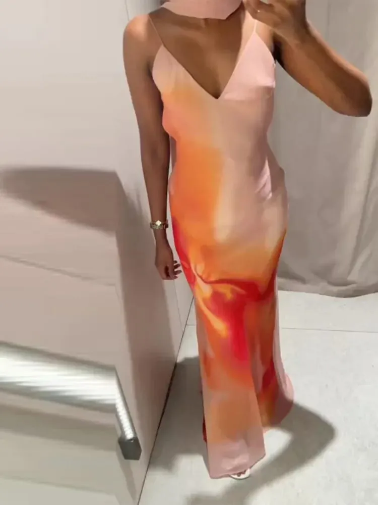 Elegant Tie-Dye Gradient พิมพ์ชุดสลิงยาวผ้าพันคอผู้หญิงวันหยุดแขนกุดชุดราตรีเปลือยฤดูร้อนวันหยุด Robes — image 7