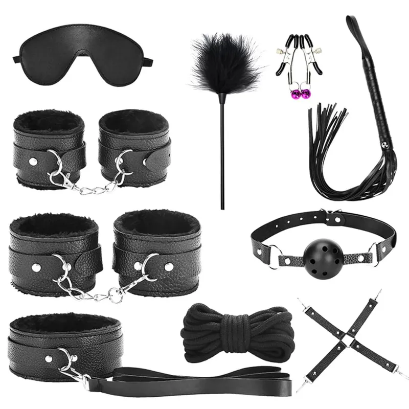 Giocattoli del sesso Kit di bondage BDSM Set di ritenuta in vera pelle Manette Collare Gag Vibratori Giocattoli del sesso per le donne Coppie Giochi per adulti