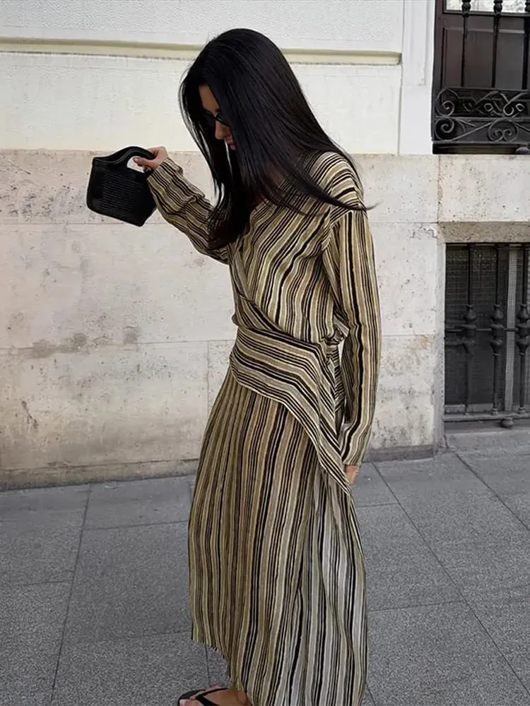Casual Stripe Maxi Dresses Women Loose Full Sleeves Deep V-neck Ankle-length Dress 2026 New Ladies Summer Vacation Beach Outfit