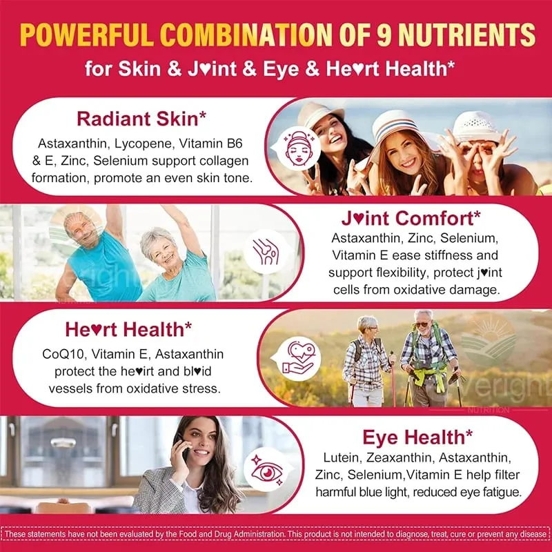 Liposomal Astaxanthin อาหารเสริม Lycopene CoQ10 Lutein วิตามิน B6 E สังกะสีสารต้านอนุมูลอิสระเพื่อสุขภาพผิวดวงตา Aging