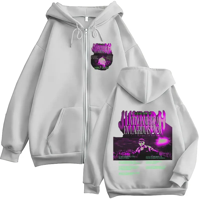 Junior H Latinoamerica En Lagrimas Tour 2026 Zipper Hoodies Men's Women Fashion Casual Zip Up Sweatshirts Pullovers Streetwear
