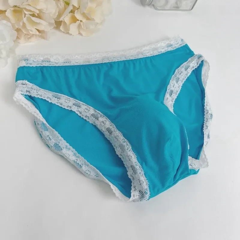 Breathable Ice Silk Men's Underwear Lingerie Low Waist Men's Lace Trim Briefs Panties U-Convex Pouch Brief Youth