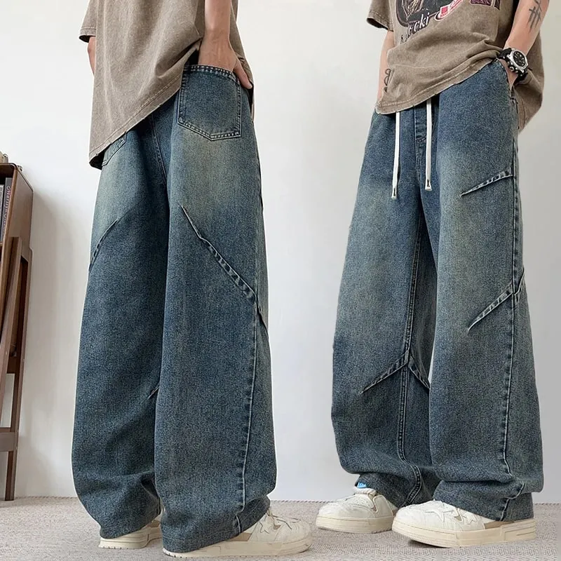 Spring And Summer Korean Retro Men'S Jeans Loose Wide Leg Pants Casual Straight Leg Pants Drawstring Workwear Pants