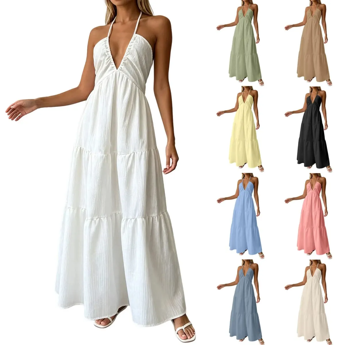 Summer Halter Neck Women's Dress Elegant Chic Wedding Party Beach Dress Backless Flowy Vacation Boho Sling Long Dresses Women