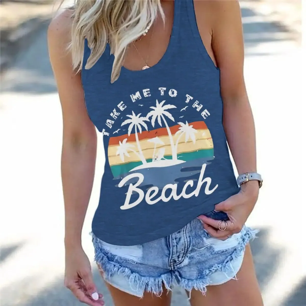 Women Vintage Take Me To The Beach Graphic Racerback Tank Top Summer Vacation Retro Sunset Palm Tree Sleeveless Basic-Fit Vest