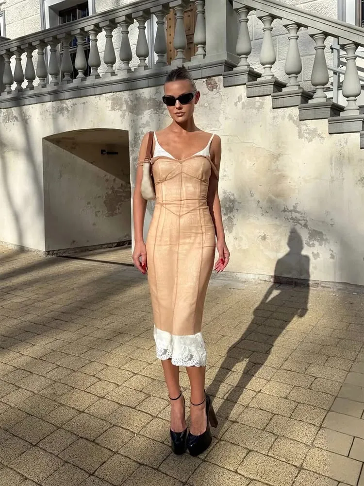 Vestido de encaje con tirantes finos para mujer, vestido Midi transparente de malla con tirantes finos, ropa Sexy y elegante para verano 2026