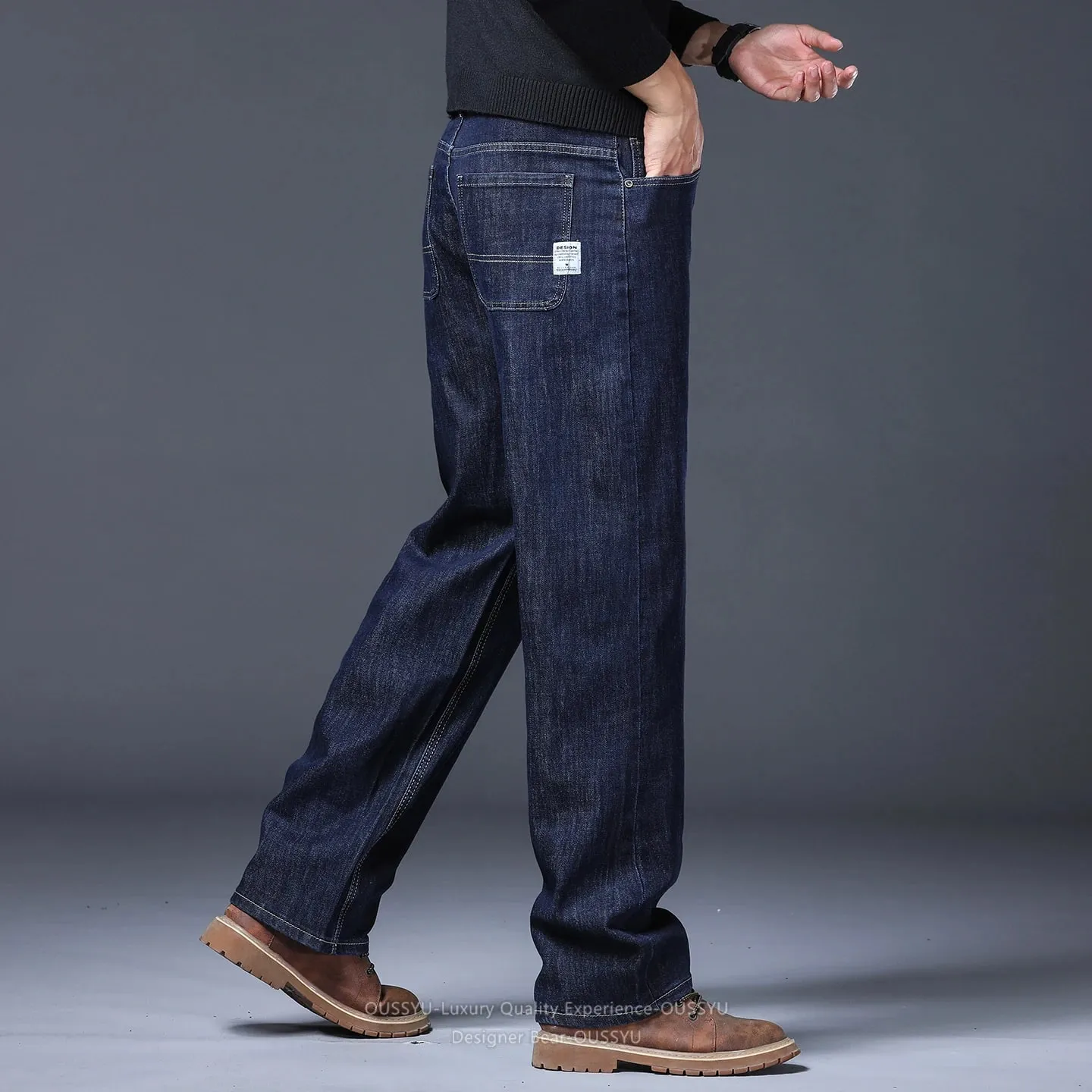 High Quality Autumn Winter Baggy Men's Jeans Loose Straight Cotton Business Thick Casual Solid Color Trousers Male Plus Size 40