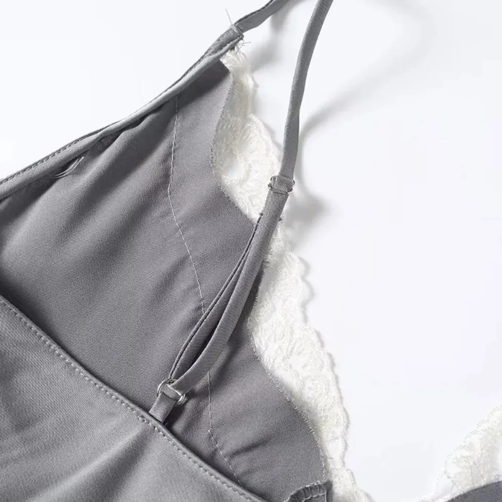 Casual Solid Color Lace Patchwork Tanks Spaghetti Strap Breathable Satin Camisole Sleeveless V-neck Tops Party Outfit